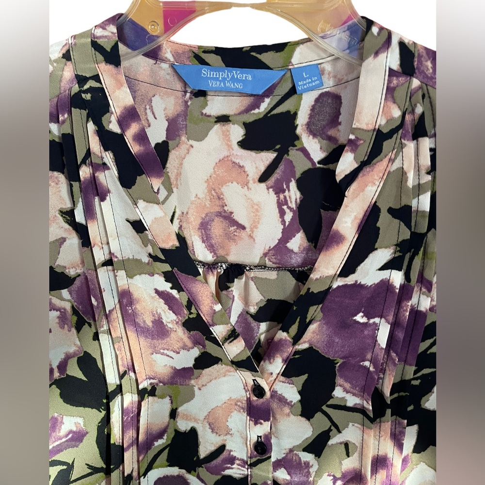 Simply Vera Vera Wang Long Sleeve V Neck 4 Button Popover Floral Blouse Large - Picture 8 of 14